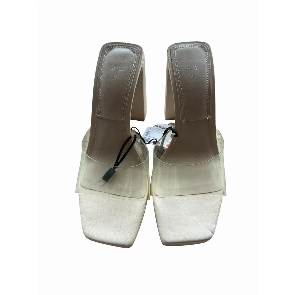 Zara Womens Square Toe Block Heels Size 37 6.5 Cream Wedding Bridesmaid Bridal